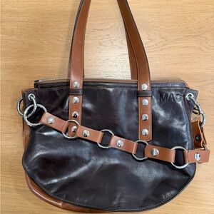 Chocolate Brown / Black Andy Leather Shoulder Bag with Silver/Brown Cross Chain